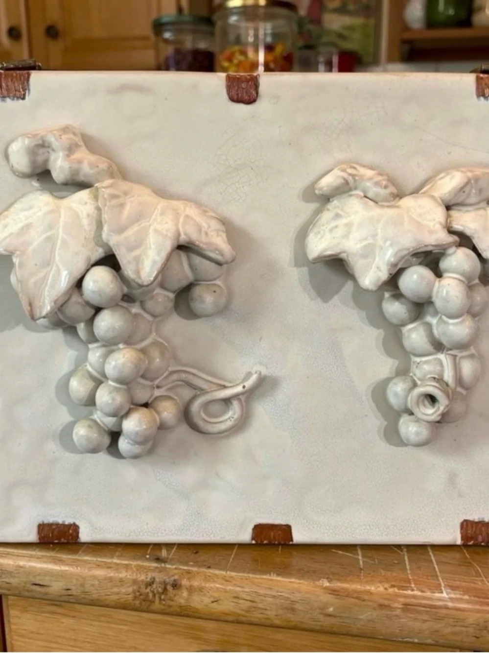 Vintage Ceramic Bunch of Grapes Sculpture on tile wall hanging
